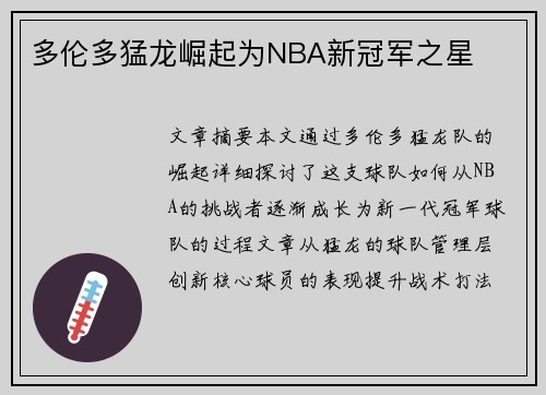 多伦多猛龙崛起为NBA新冠军之星